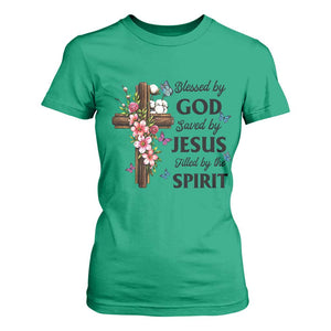 Blessed By God Saved By Jesus T Shirt For Women Floral Cross Christian Faith Inspirational TS10 Irish Green Print Your Wear