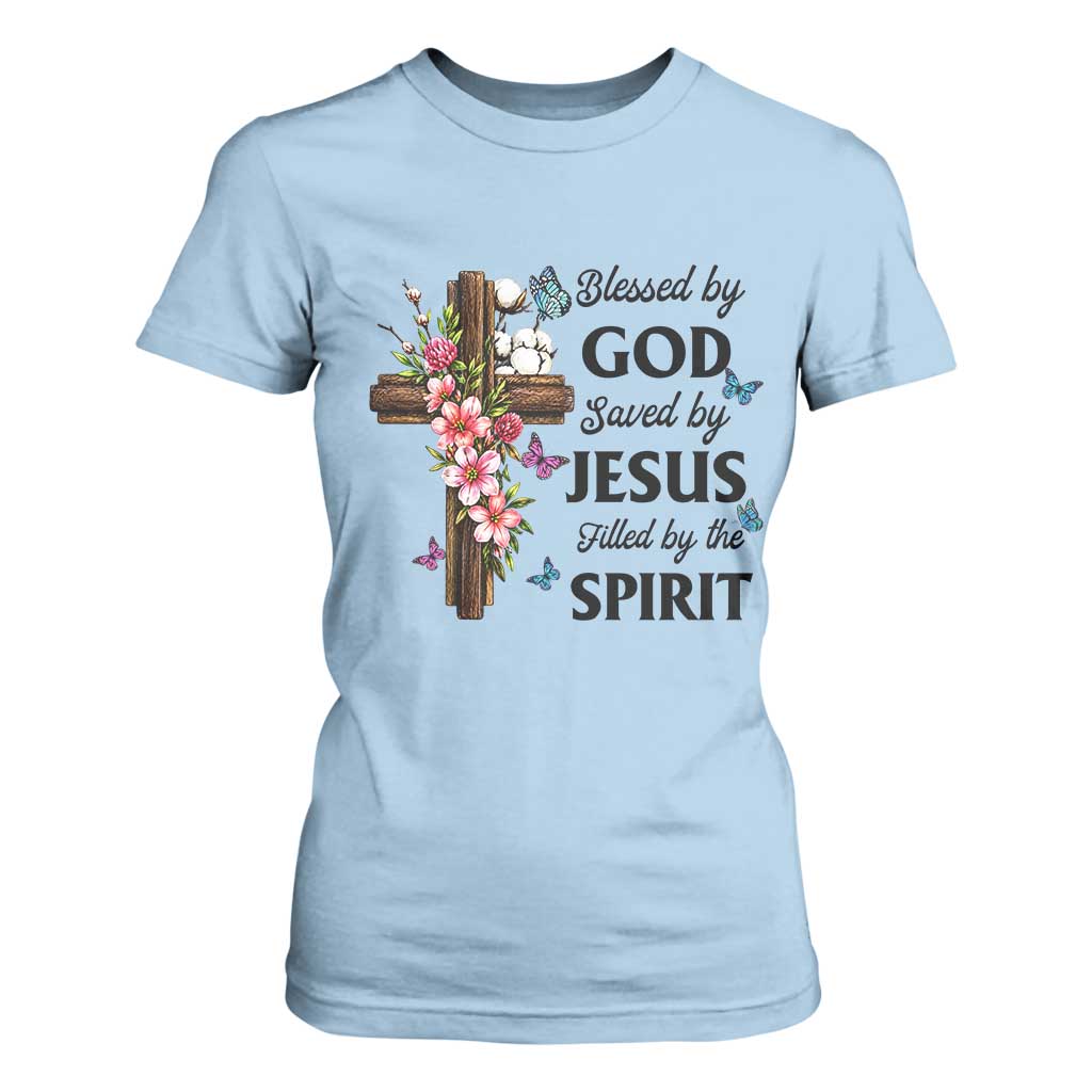 Blessed By God Saved By Jesus T Shirt For Women Floral Cross Christian Faith Inspirational TS10 Light Blue Print Your Wear