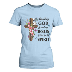 Blessed By God Saved By Jesus T Shirt For Women Floral Cross Christian Faith Inspirational TS10 Light Blue Print Your Wear