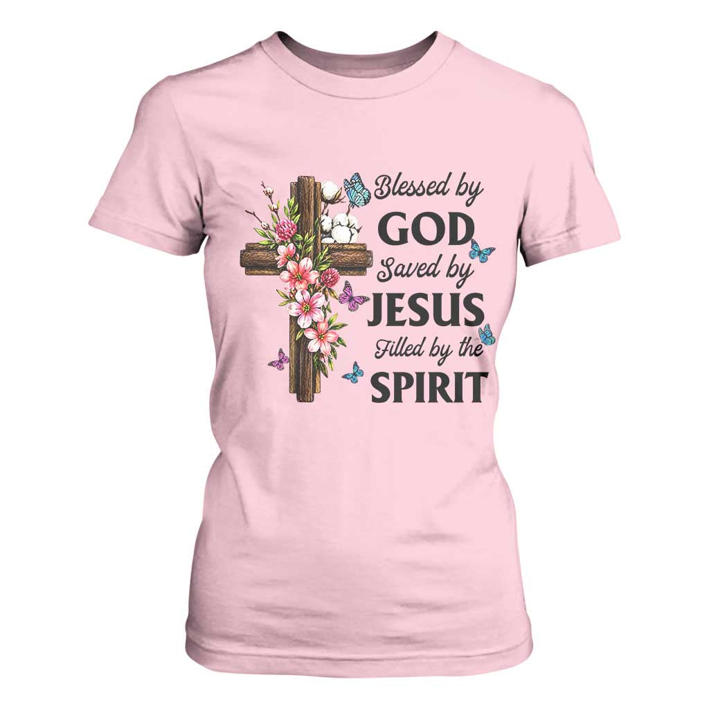 Blessed By God Saved By Jesus T Shirt For Women Floral Cross Christian Faith Inspirational TS10 Light Pink Print Your Wear