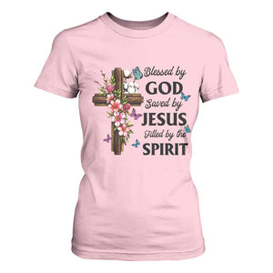 Blessed By God Saved By Jesus T Shirt For Women Floral Cross Christian Faith Inspirational TS10 Light Pink Print Your Wear