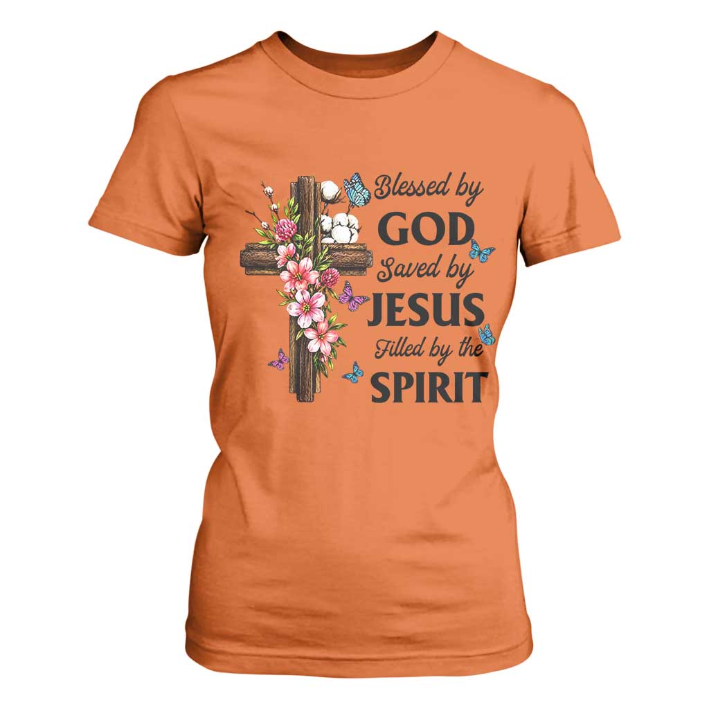 Blessed By God Saved By Jesus T Shirt For Women Floral Cross Christian Faith Inspirational TS10 Orange Print Your Wear