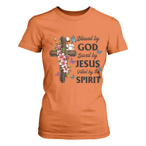 Blessed By God Saved By Jesus T Shirt For Women Floral Cross Christian Faith Inspirational TS10 Orange Print Your Wear