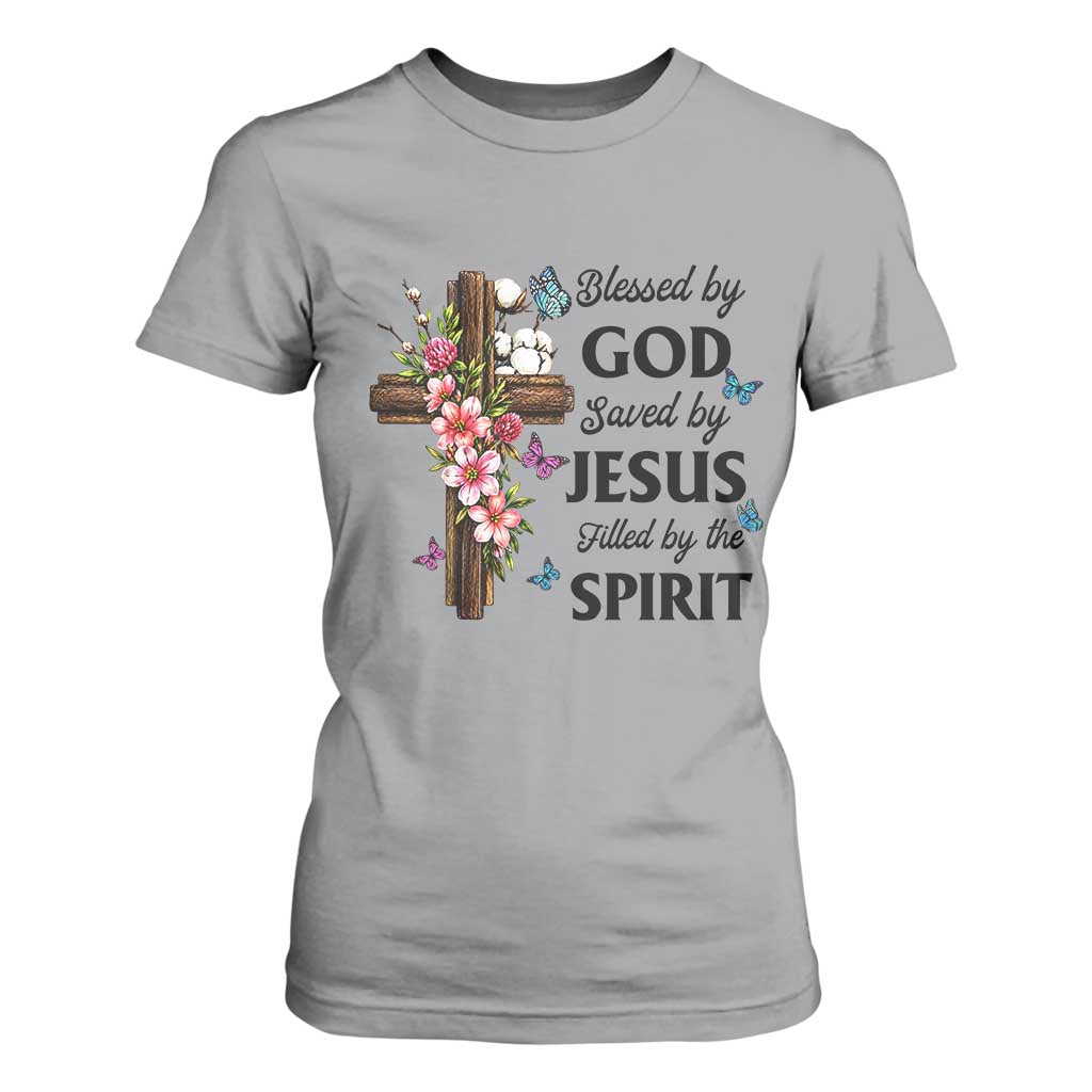 Blessed By God Saved By Jesus T Shirt For Women Floral Cross Christian Faith Inspirational TS10 Sport Gray Print Your Wear