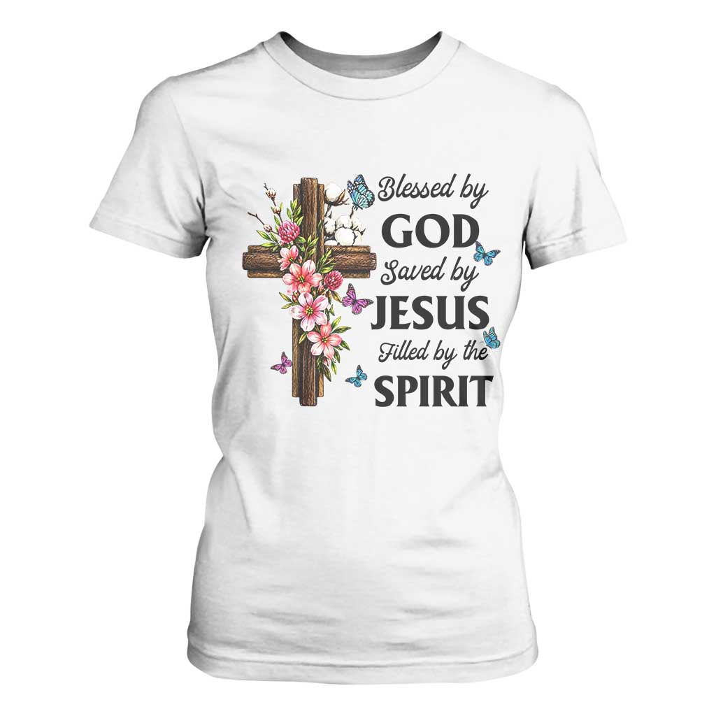 Blessed By God Saved By Jesus T Shirt For Women Floral Cross Christian Faith Inspirational TS10 White Print Your Wear