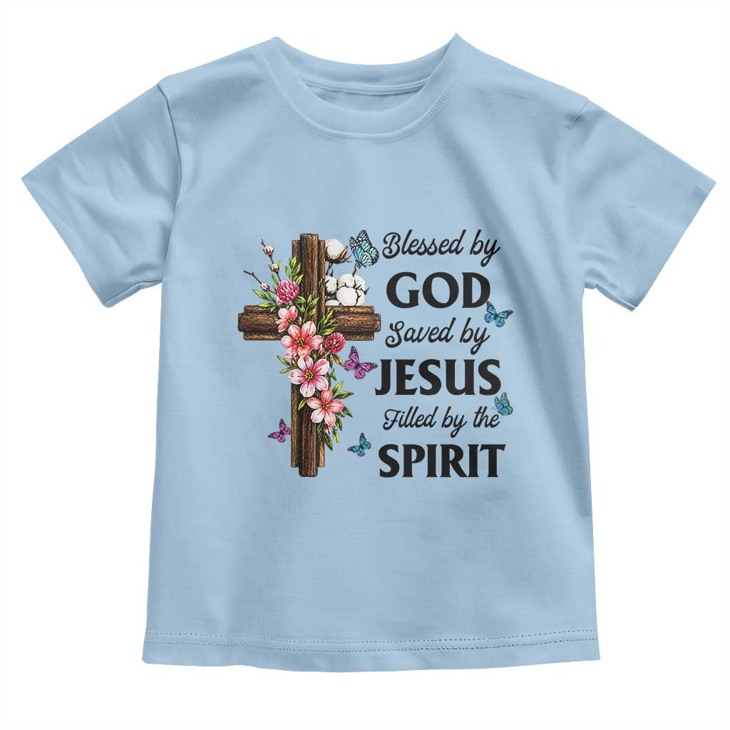 Blessed By God Saved By Jesus Toddler T Shirt Floral Cross Christian Faith Inspirational TS10 Light Blue Print Your Wear