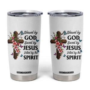 Blessed By God Saved By Jesus Tumbler Cup Floral Cross Christian Faith Inspirational TS10 White Print Your Wear