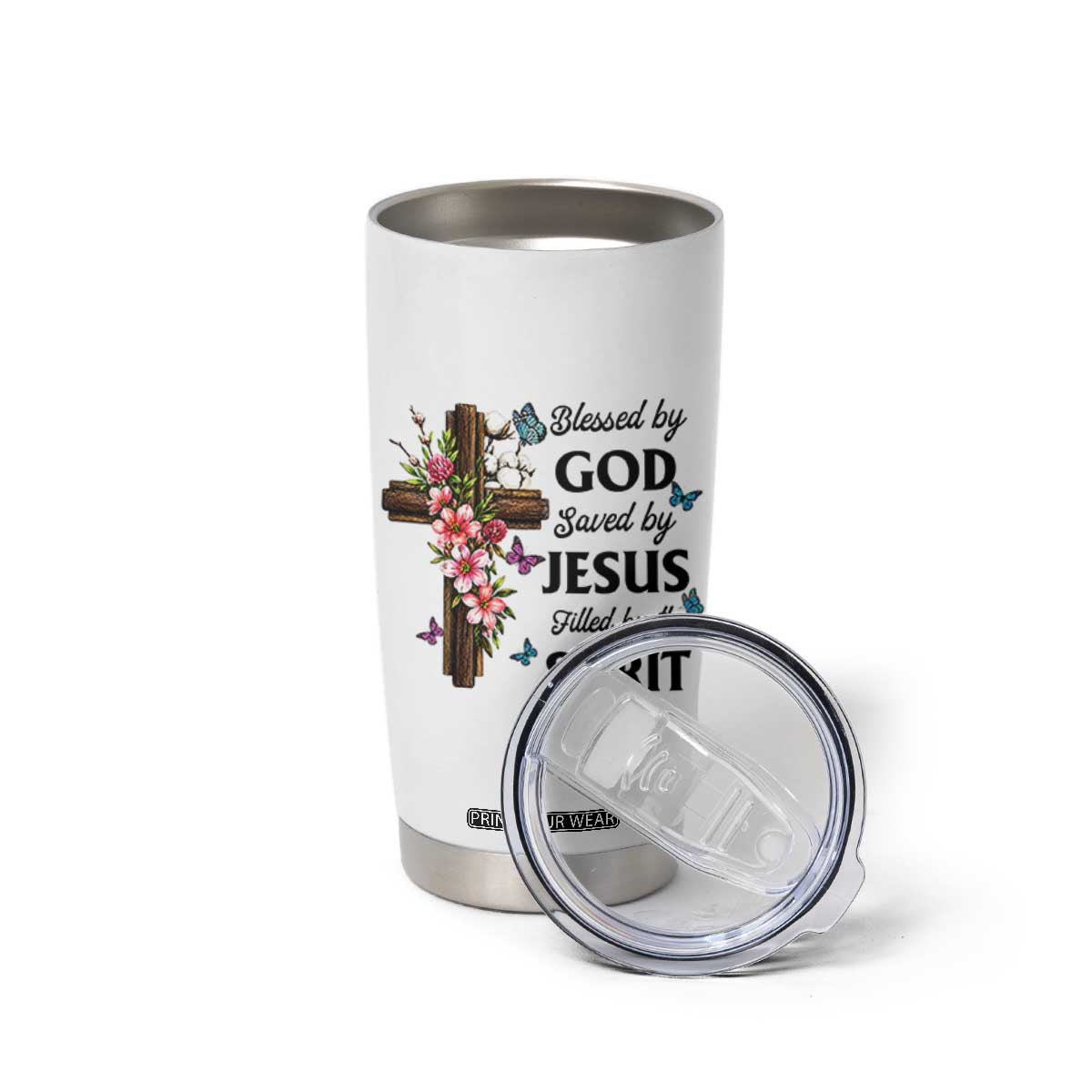 Blessed By God Saved By Jesus Tumbler Cup Floral Cross Christian Faith Inspirational TS10 Print Your Wear