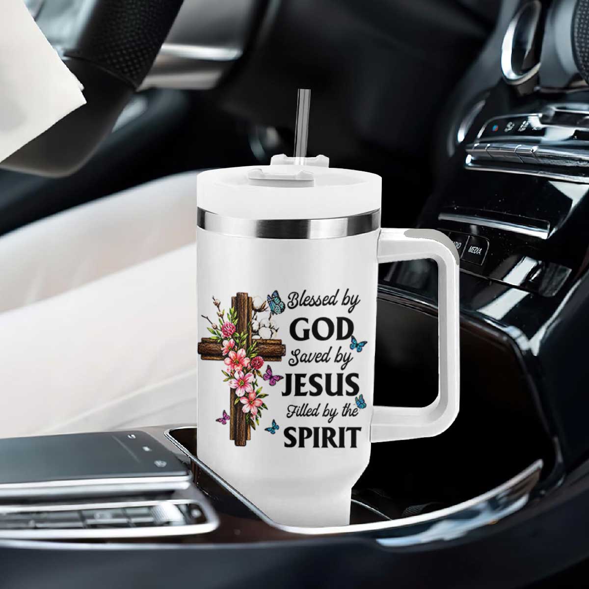 Blessed By God Saved By Jesus Tumbler With Handle Floral Cross Christian Faith Inspirational TS10 Print Your Wear