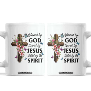 Blessed By God Saved By Jesus Coffee Mug Floral Cross Christian Faith Inspirational TS10 White Print Your Wear