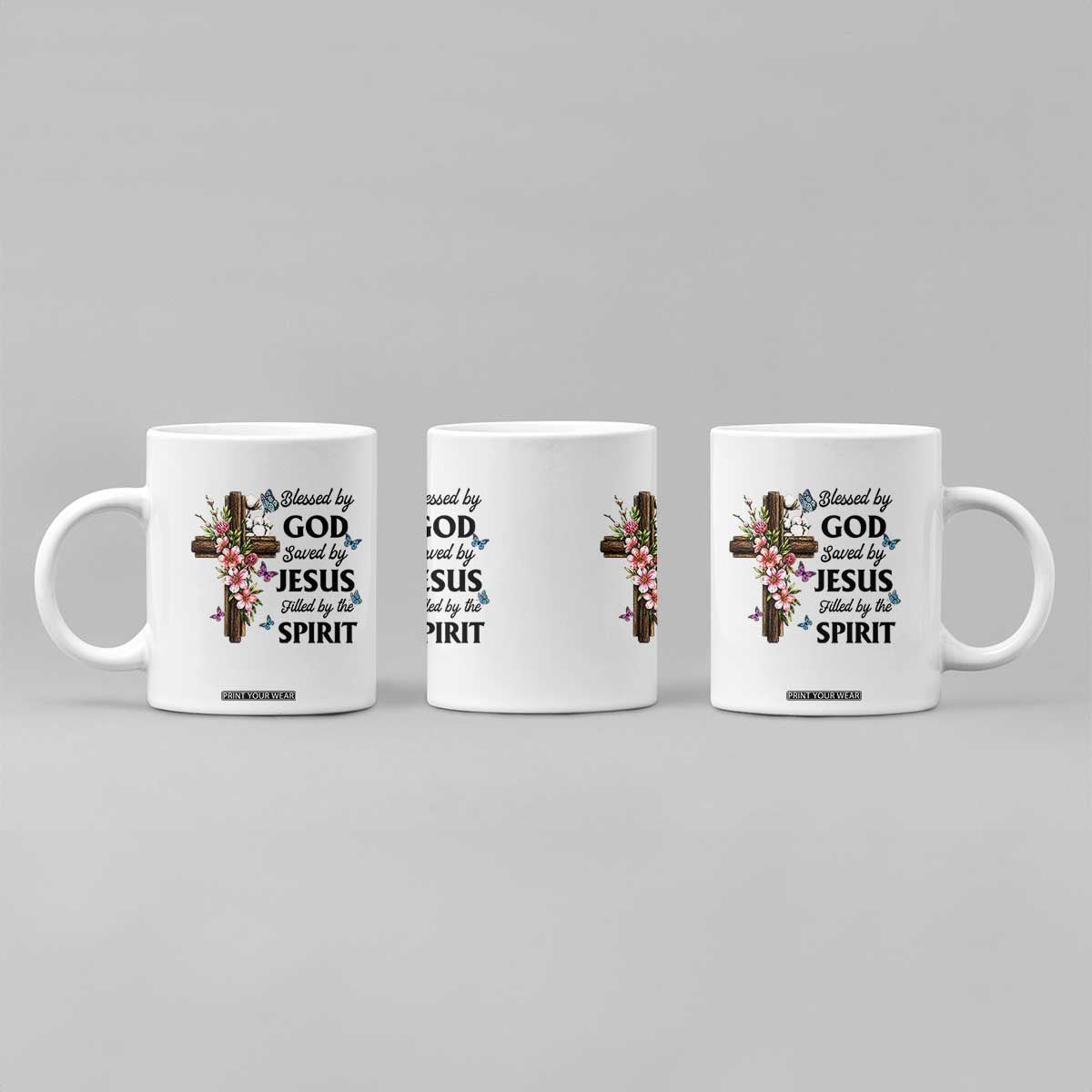 Blessed By God Saved By Jesus Coffee Mug Floral Cross Christian Faith Inspirational TS10 Print Your Wear