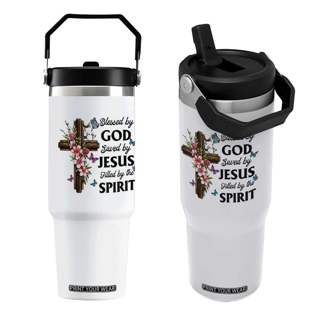 Blessed By God Saved By Jesus Flip Straw Tumbler Floral Cross Christian Faith Inspirational TS10 One Size: 30 oz White Print Your Wear