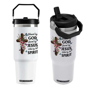 Blessed By God Saved By Jesus Flip Straw Tumbler Floral Cross Christian Faith Inspirational TS10 One Size: 30 oz White Print Your Wear