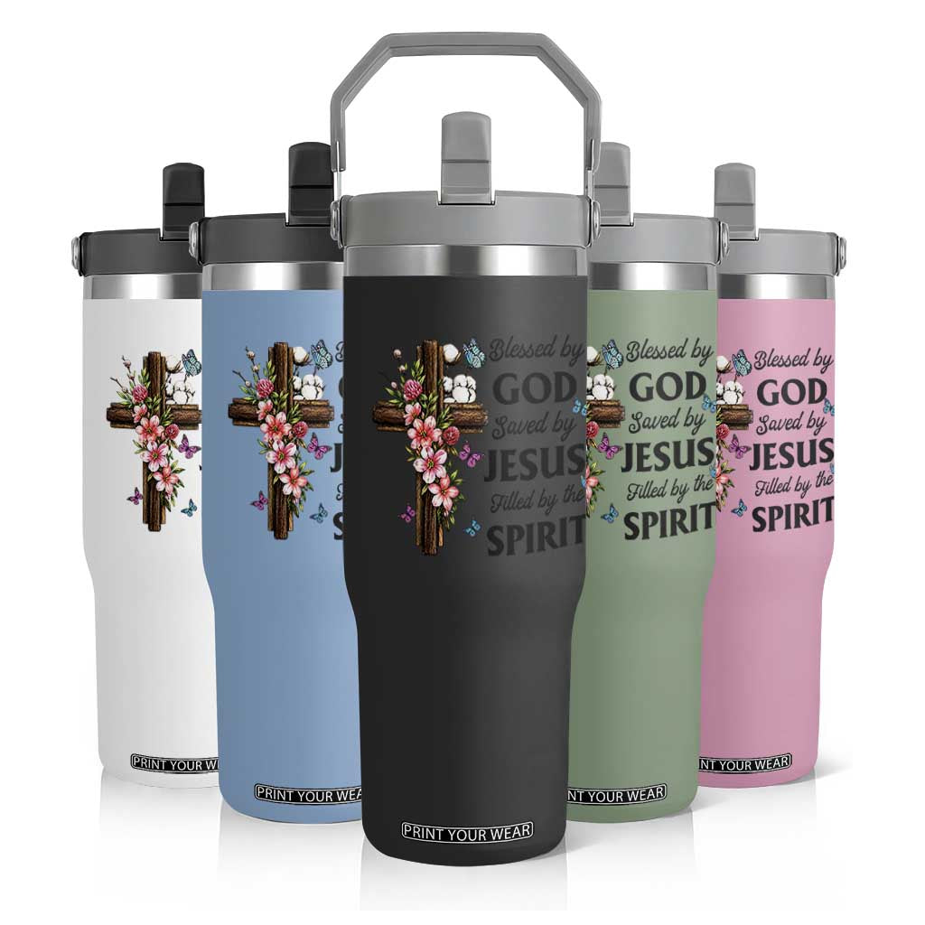 Blessed By God Saved By Jesus Flip Straw Tumbler Floral Cross Christian Faith Inspirational TS10 Print Your Wear
