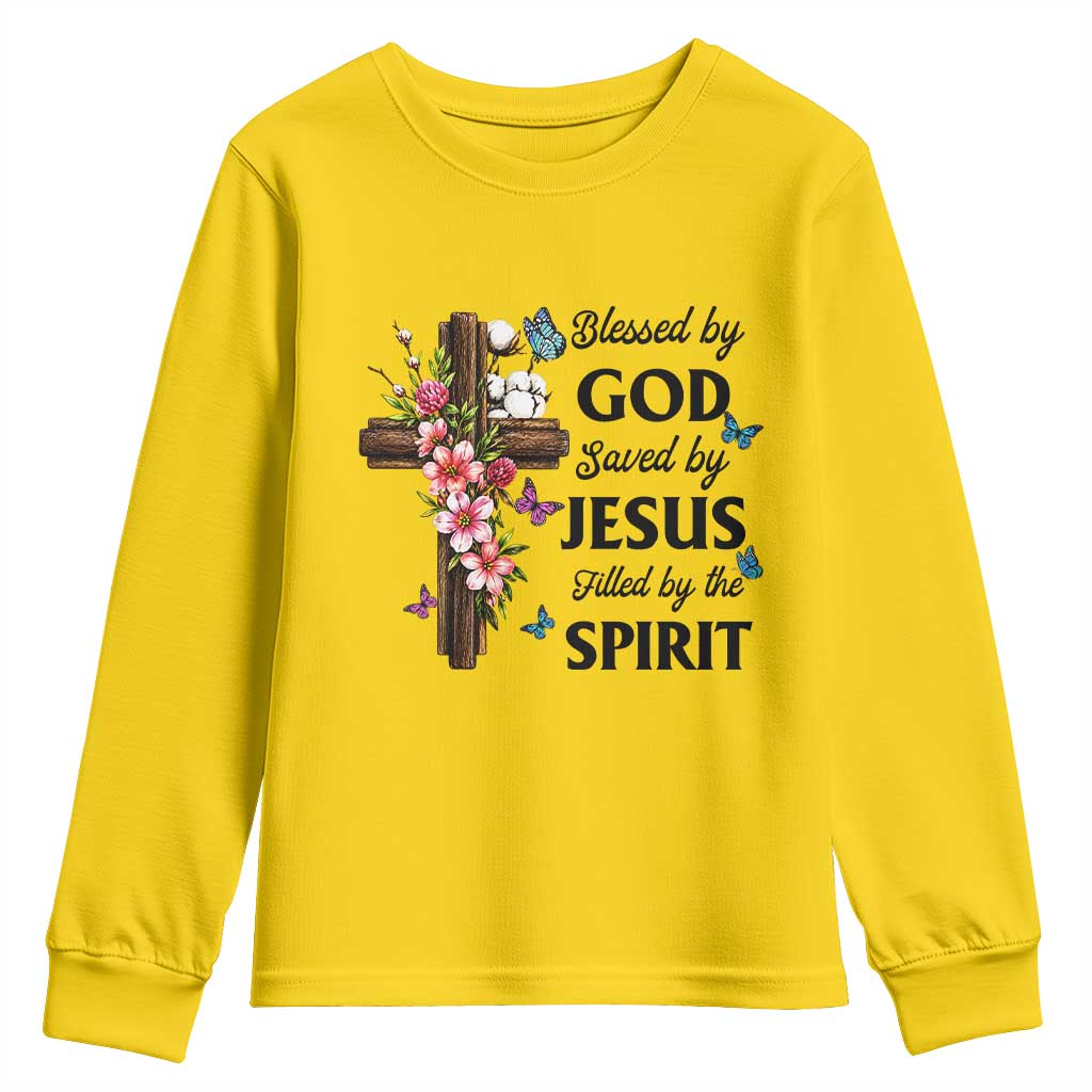 Blessed By God Saved By Jesus Youth Sweatshirt Floral Cross Christian Faith Inspirational TS10 Daisy Print Your Wear