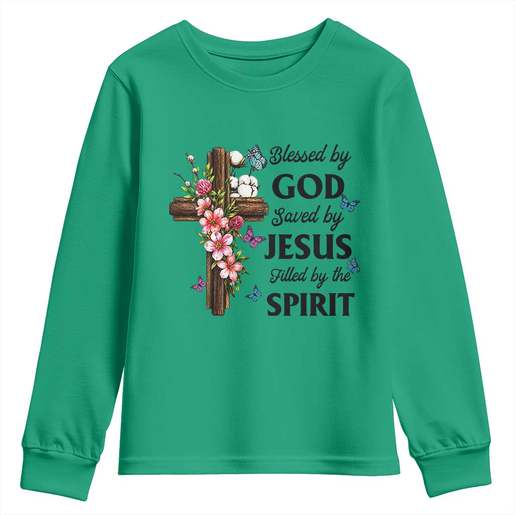 Blessed By God Saved By Jesus Youth Sweatshirt Floral Cross Christian Faith Inspirational TS10 Irish Green Print Your Wear