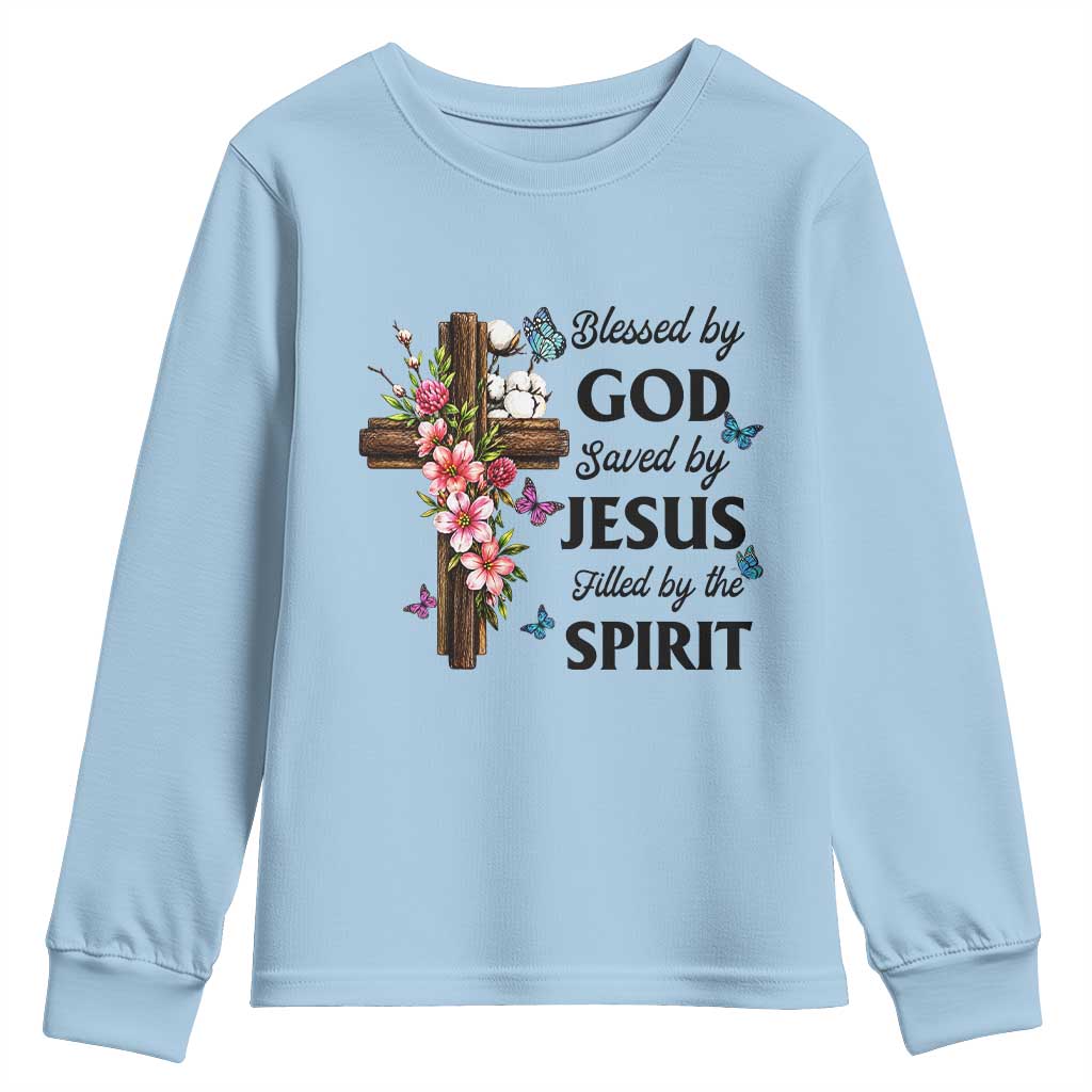 Blessed By God Saved By Jesus Youth Sweatshirt Floral Cross Christian Faith Inspirational TS10 Light Blue Print Your Wear