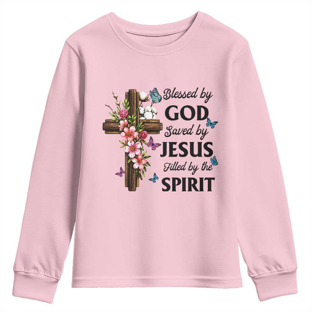 Blessed By God Saved By Jesus Youth Sweatshirt Floral Cross Christian Faith Inspirational TS10 Light Pink Print Your Wear
