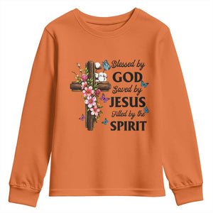 Blessed By God Saved By Jesus Youth Sweatshirt Floral Cross Christian Faith Inspirational TS10 Orange Print Your Wear