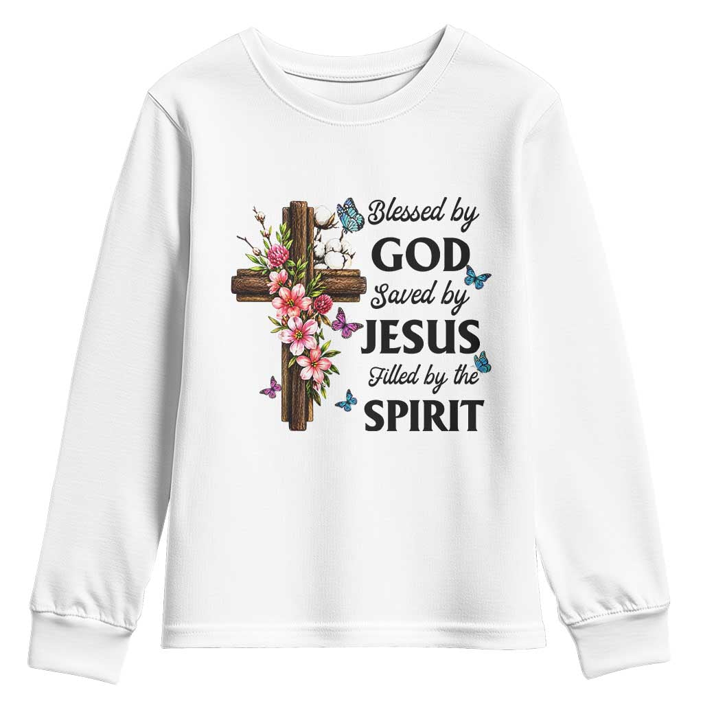 Blessed By God Saved By Jesus Youth Sweatshirt Floral Cross Christian Faith Inspirational TS10 White Print Your Wear