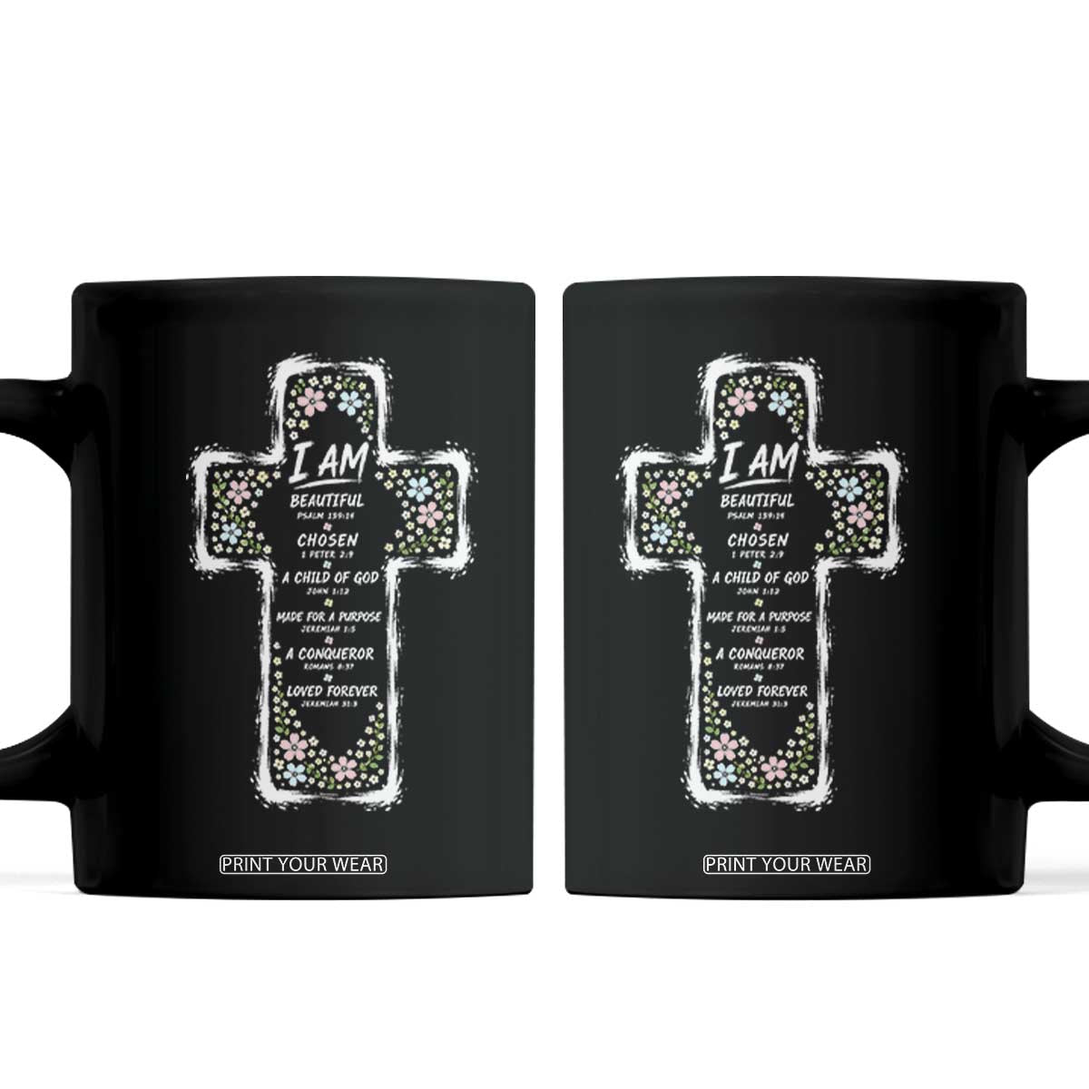 Christian Floral Cross Affirmation Coffee Mug Bible Verse Inspirational Faith Girl Christening Floral TS10 Black Print Your Wear