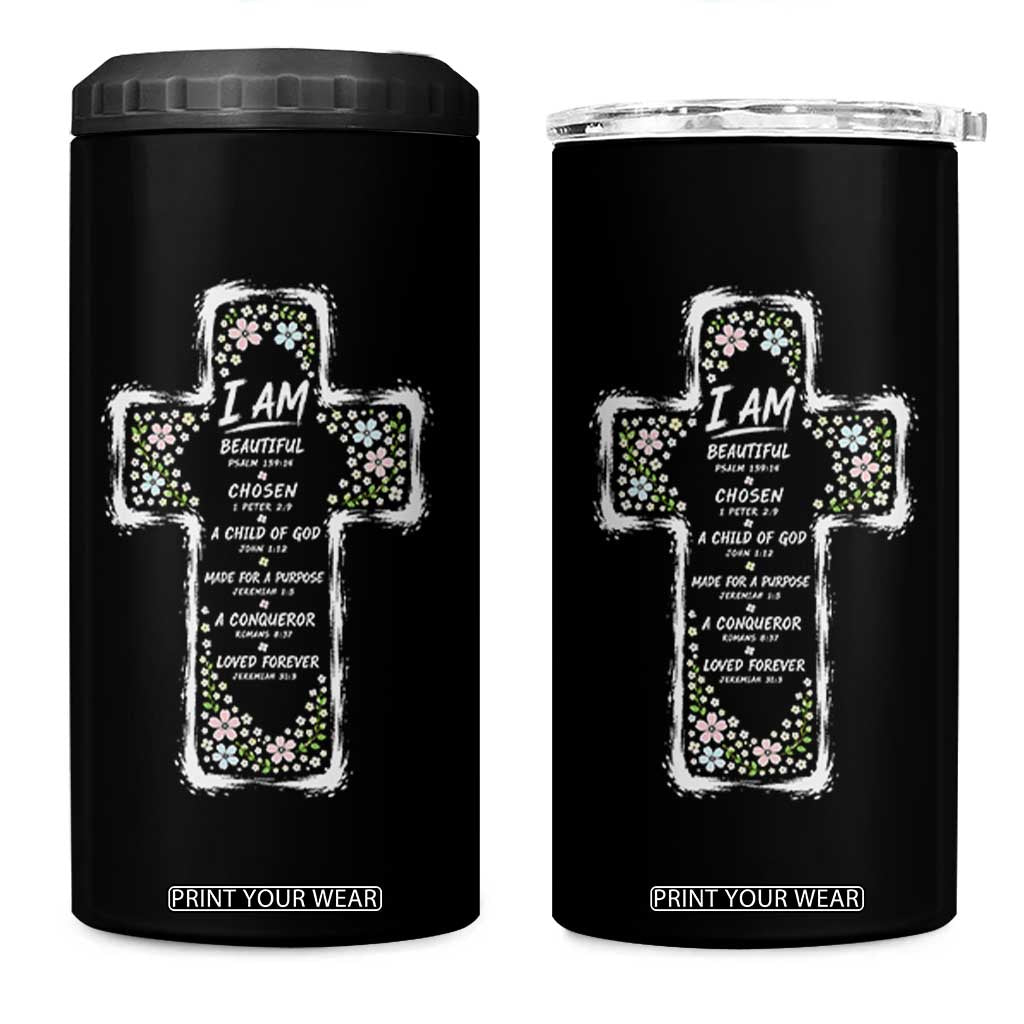 Christian Floral Cross Affirmation 4 in 1 Can Cooler Tumbler Bible Verse Inspirational Faith Girl Christening Floral TS10 One Size: 16 oz Black Print Your Wear
