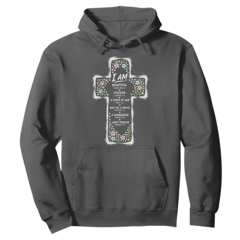 Christian Floral Cross Affirmation Hoodie Bible Verse Inspirational Faith Girl Christening Floral TS10 Dark Heather Print Your Wear