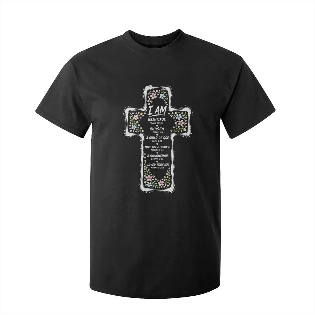 Christian Floral Cross Affirmation T Shirt For Kid Bible Verse Inspirational Faith Girl Christening Floral TS10 Black Print Your Wear