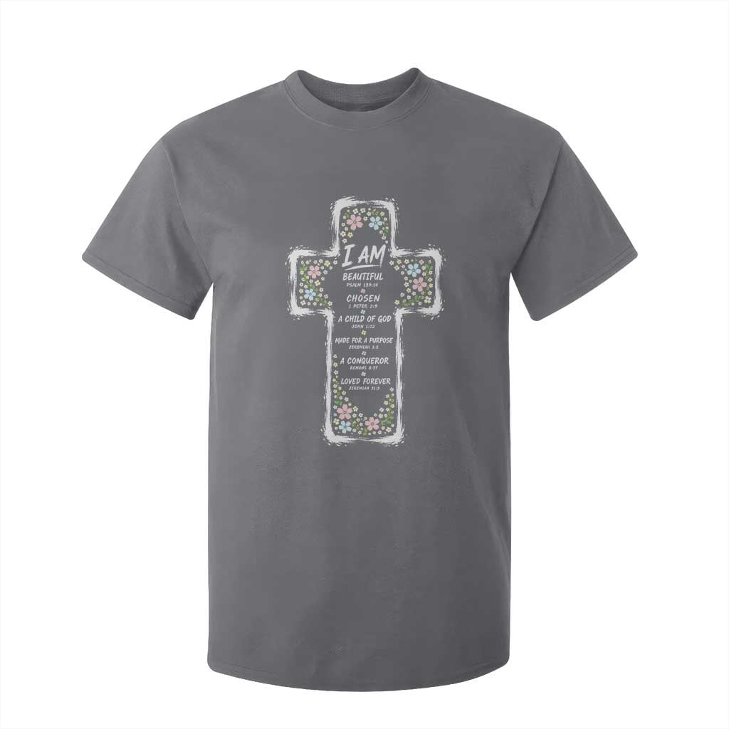Christian Floral Cross Affirmation T Shirt For Kid Bible Verse Inspirational Faith Girl Christening Floral TS10 Charcoal Print Your Wear