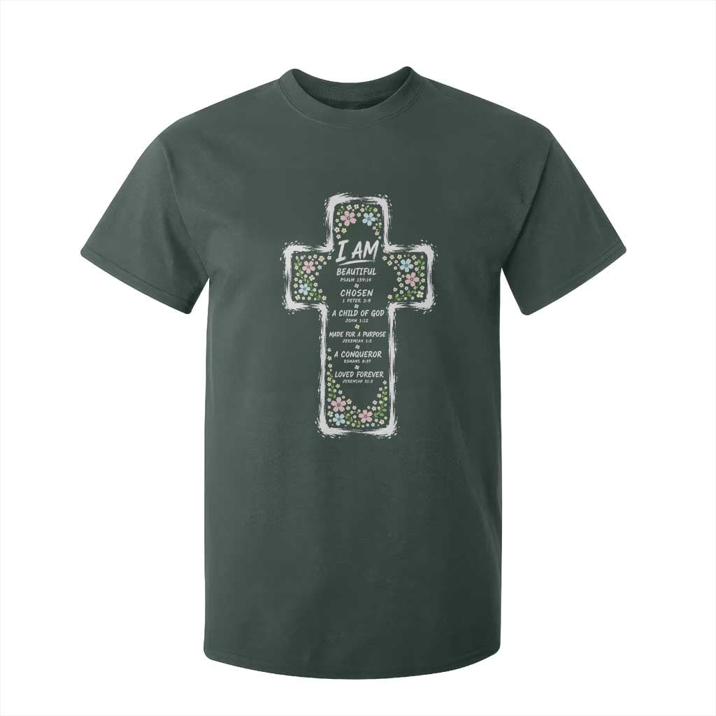 Christian Floral Cross Affirmation T Shirt For Kid Bible Verse Inspirational Faith Girl Christening Floral TS10 Dark Forest Green Print Your Wear
