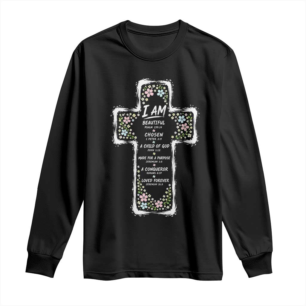 Christian Floral Cross Affirmation Long Sleeve Shirt Bible Verse Inspirational Faith Girl Christening Floral TS10 Black Print Your Wear