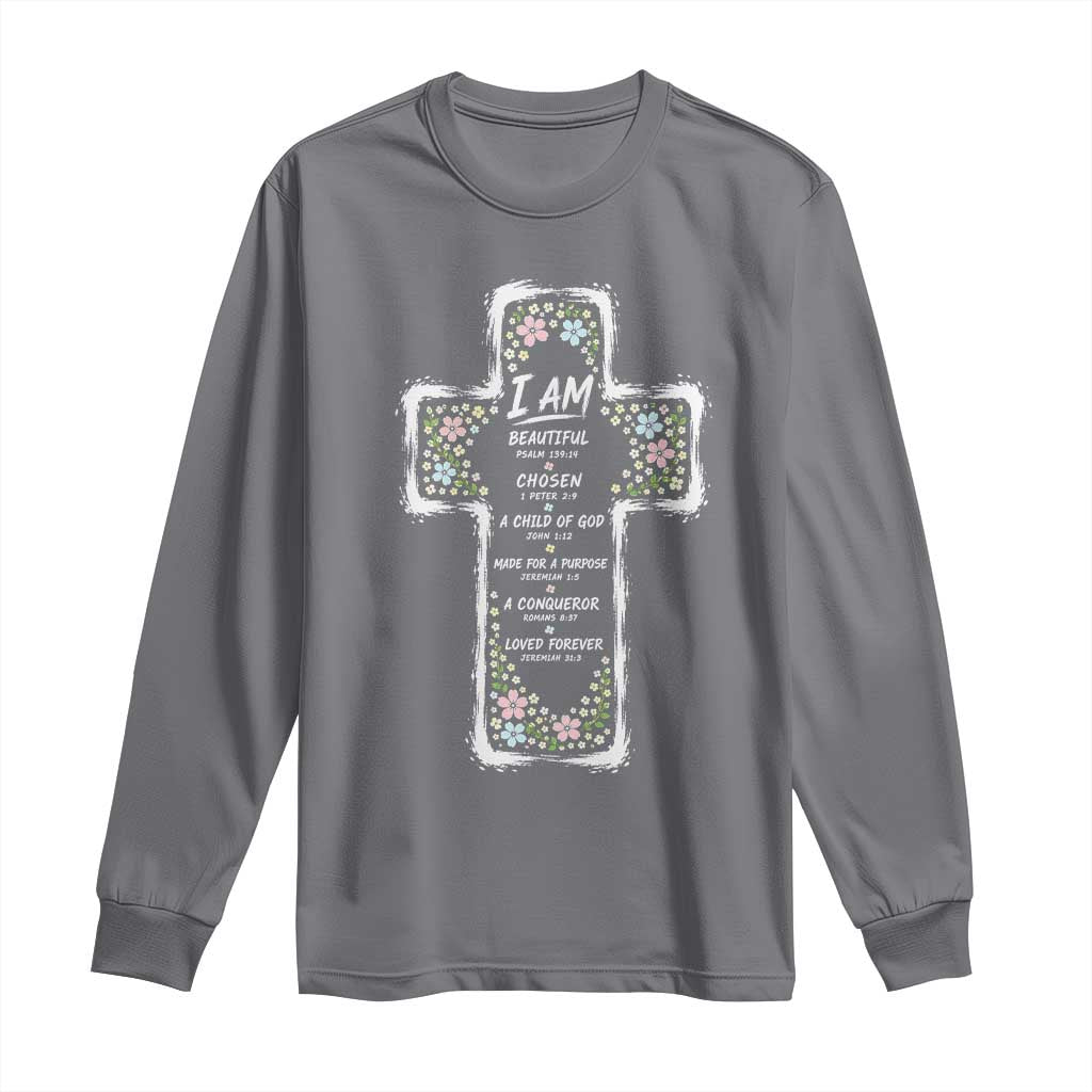 Christian Floral Cross Affirmation Long Sleeve Shirt Bible Verse Inspirational Faith Girl Christening Floral TS10 Charcoal Print Your Wear