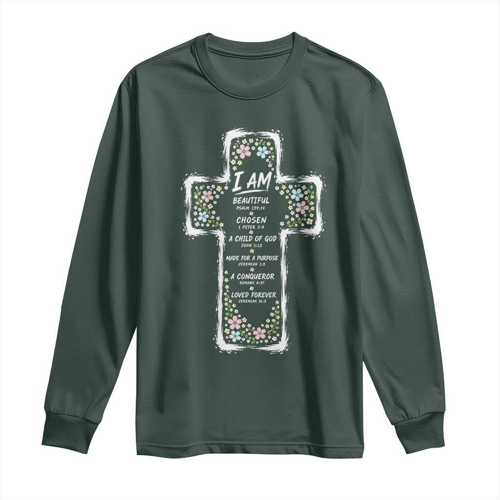 Christian Floral Cross Affirmation Long Sleeve Shirt Bible Verse Inspirational Faith Girl Christening Floral TS10 Dark Forest Green Print Your Wear
