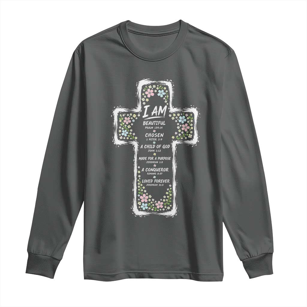Christian Floral Cross Affirmation Long Sleeve Shirt Bible Verse Inspirational Faith Girl Christening Floral TS10 Dark Heather Print Your Wear