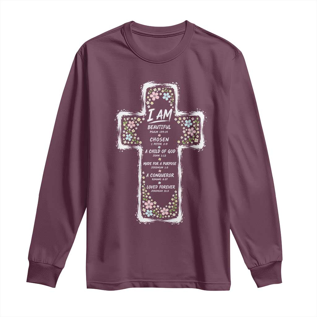 Christian Floral Cross Affirmation Long Sleeve Shirt Bible Verse Inspirational Faith Girl Christening Floral TS10 Maroon Print Your Wear
