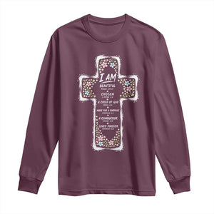 Christian Floral Cross Affirmation Long Sleeve Shirt Bible Verse Inspirational Faith Girl Christening Floral TS10 Maroon Print Your Wear