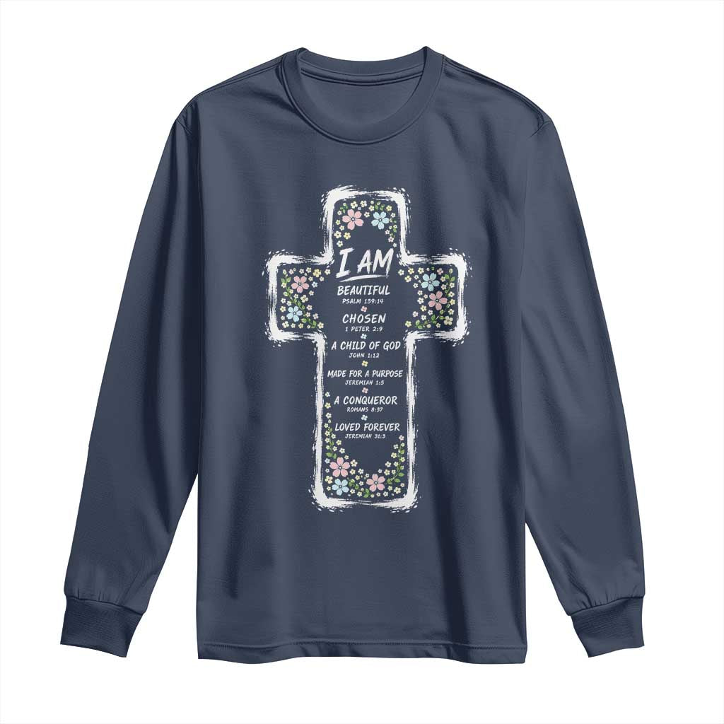 Christian Floral Cross Affirmation Long Sleeve Shirt Bible Verse Inspirational Faith Girl Christening Floral TS10 Navy Print Your Wear