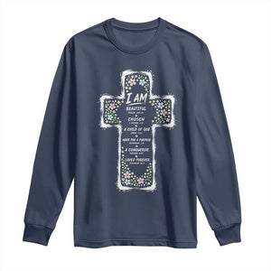 Christian Floral Cross Affirmation Long Sleeve Shirt Bible Verse Inspirational Faith Girl Christening Floral TS10 Navy Print Your Wear