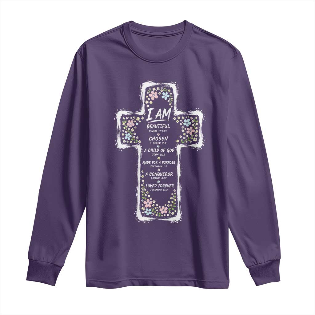 Christian Floral Cross Affirmation Long Sleeve Shirt Bible Verse Inspirational Faith Girl Christening Floral TS10 Purple Print Your Wear