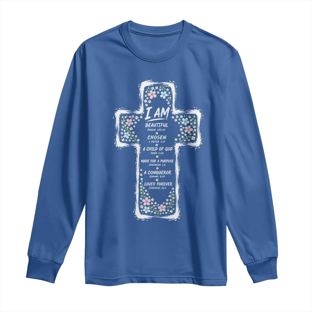 Christian Floral Cross Affirmation Long Sleeve Shirt Bible Verse Inspirational Faith Girl Christening Floral TS10 Royal Blue Print Your Wear