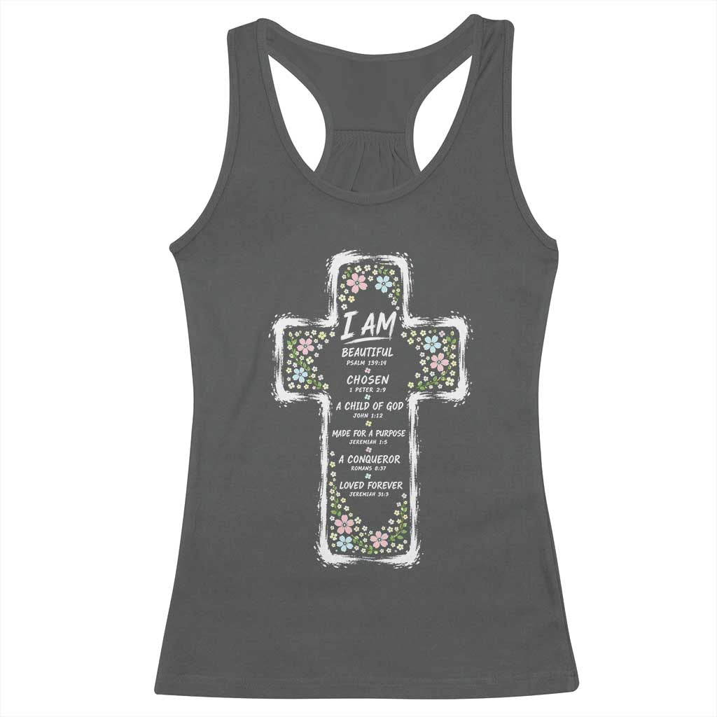 Christian Floral Cross Affirmation Racerback Tank Top Bible Verse Inspirational Faith Girl Christening Floral TS10 Dark Heather Print Your Wear