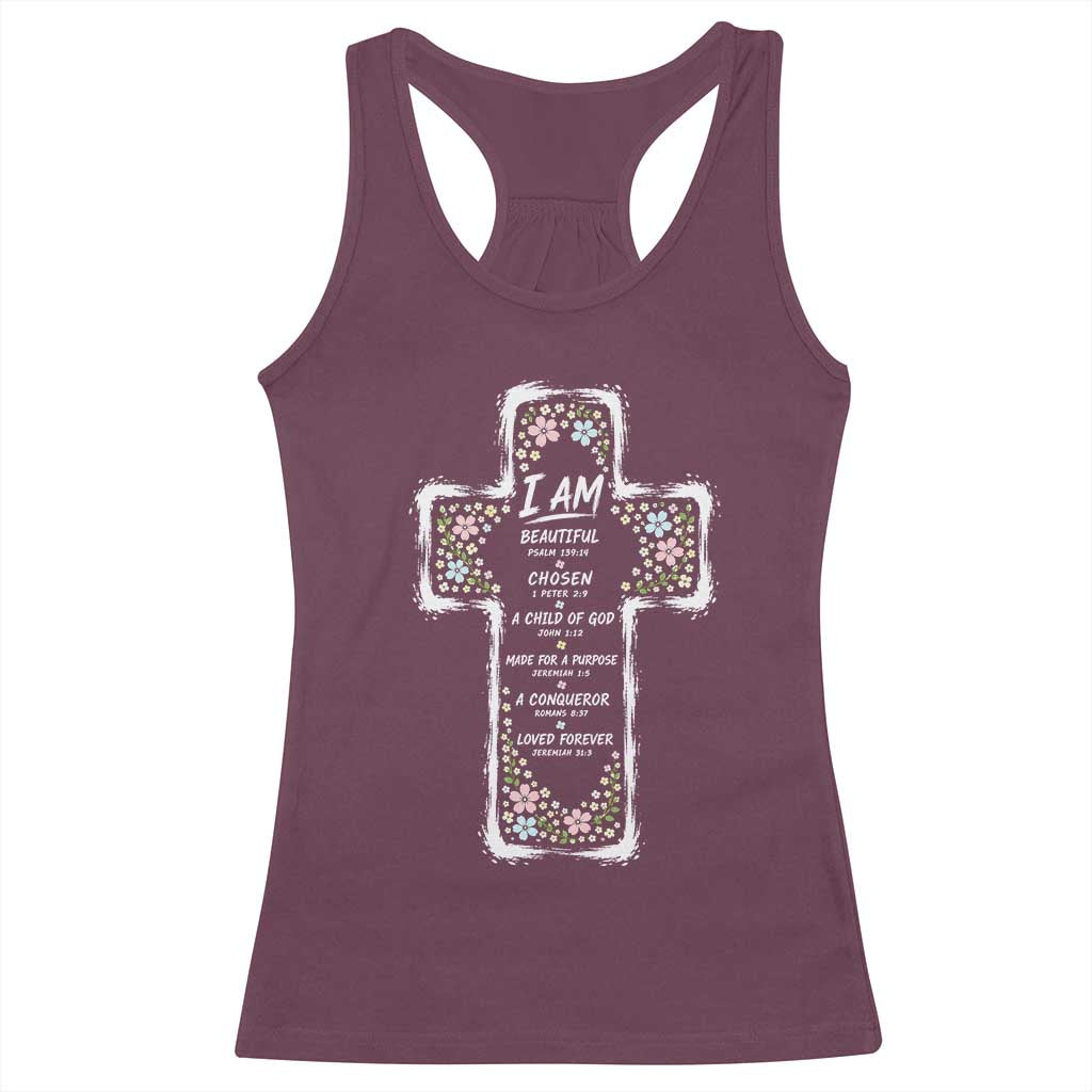 Christian Floral Cross Affirmation Racerback Tank Top Bible Verse Inspirational Faith Girl Christening Floral TS10 Maroon Print Your Wear