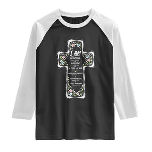 Christian Floral Cross Affirmation Raglan Shirt Bible Verse Inspirational Faith Girl Christening Floral TS10 Black White Print Your Wear