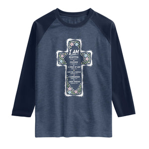 Christian Floral Cross Affirmation Raglan Shirt Bible Verse Inspirational Faith Girl Christening Floral TS10 Heather Denim Navy Print Your Wear