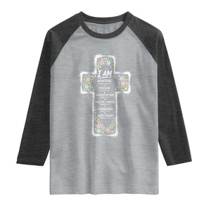 Christian Floral Cross Affirmation Raglan Shirt Bible Verse Inspirational Faith Girl Christening Floral TS10 Heather Gray Heather Charcoal Print Your Wear