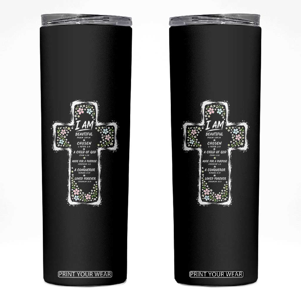 Christian Floral Cross Affirmation Skinny Tumbler Bible Verse Inspirational Faith Girl Christening Floral TS10 Black Print Your Wear