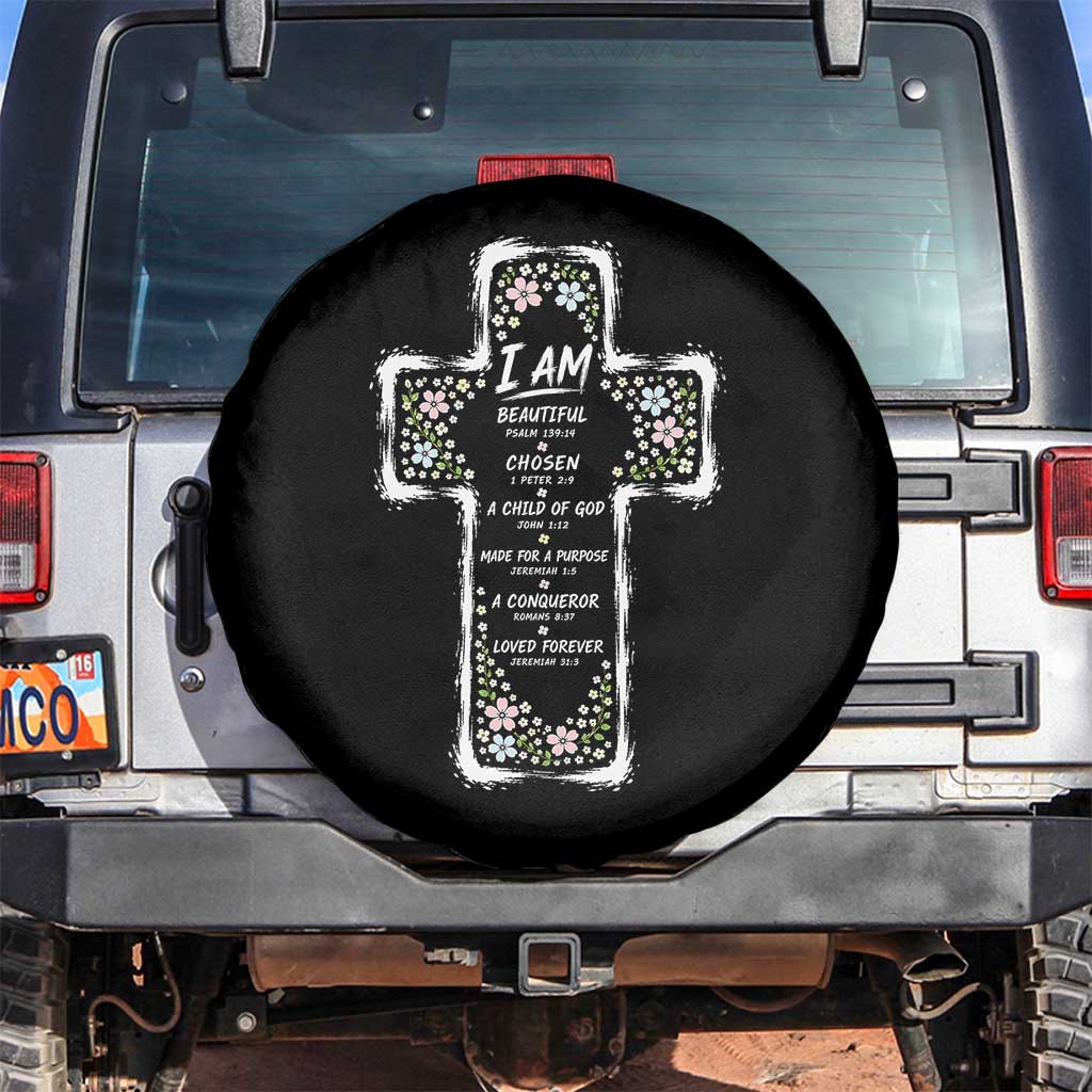 Christian Floral Cross Affirmation Spare Tire Cover Bible Verse Inspirational Faith Girl Christening Floral TS10 No hole Black Print Your Wear