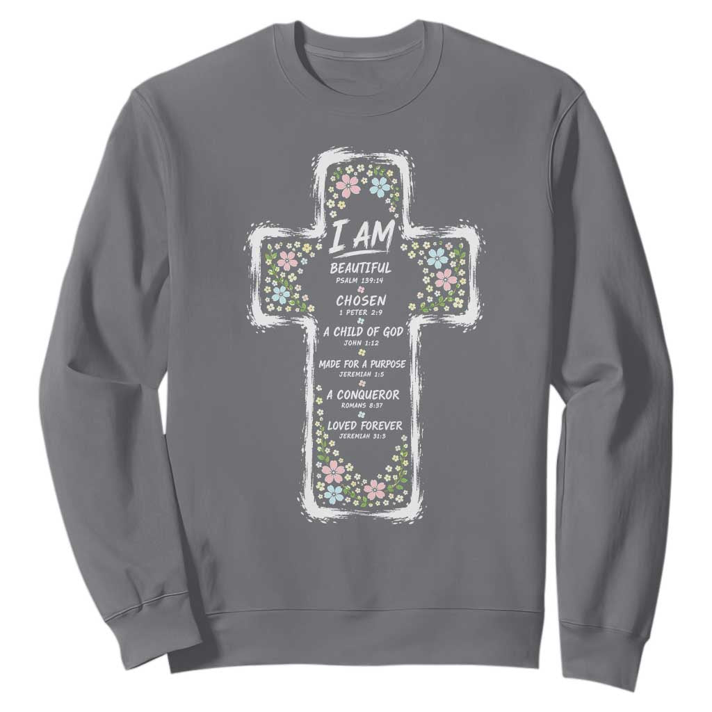 Christian Floral Cross Affirmation Sweatshirt Bible Verse Inspirational Faith Girl Christening Floral TS10 Charcoal Print Your Wear