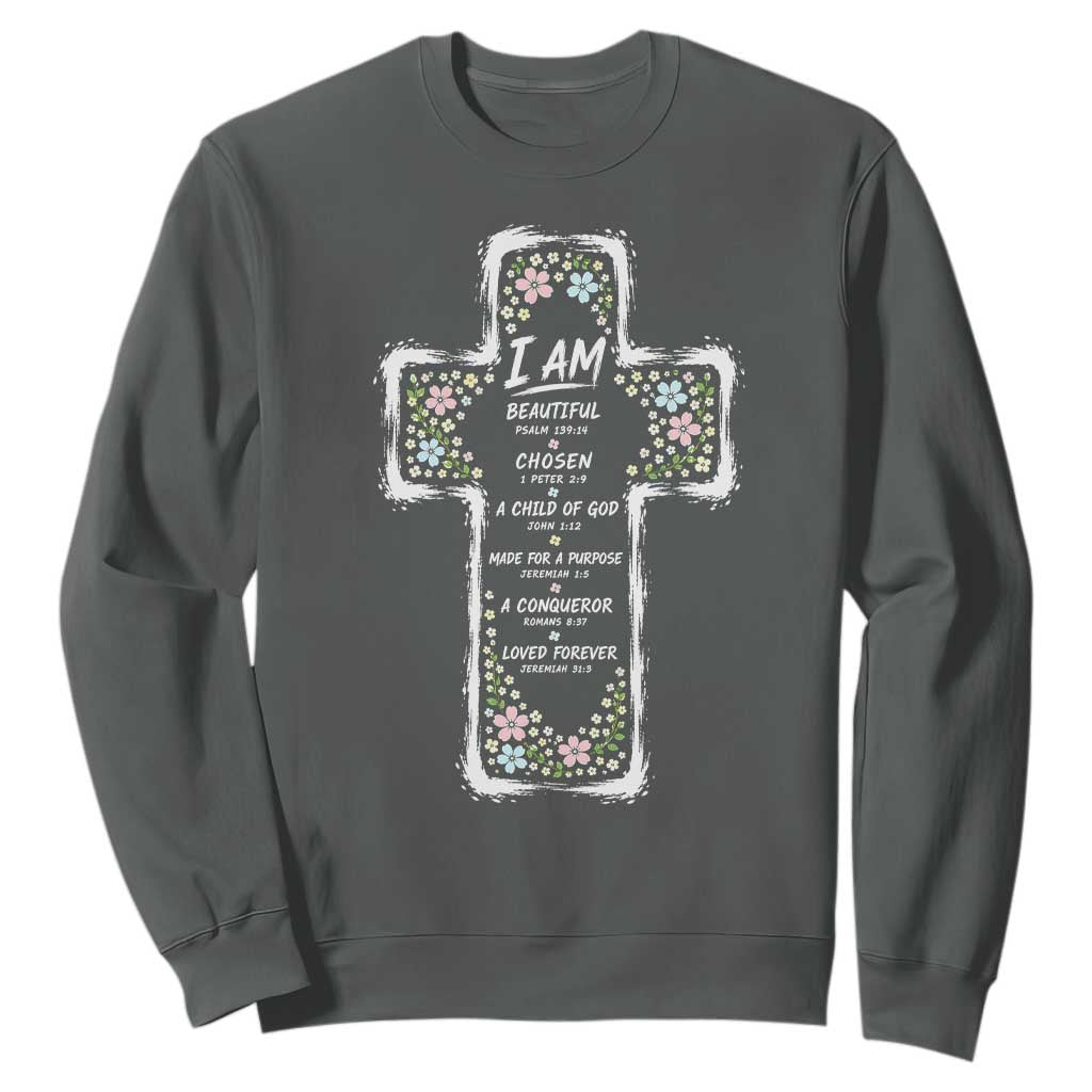 Christian Floral Cross Affirmation Sweatshirt Bible Verse Inspirational Faith Girl Christening Floral TS10 Dark Heather Print Your Wear