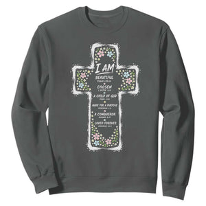 Christian Floral Cross Affirmation Sweatshirt Bible Verse Inspirational Faith Girl Christening Floral TS10 Dark Heather Print Your Wear